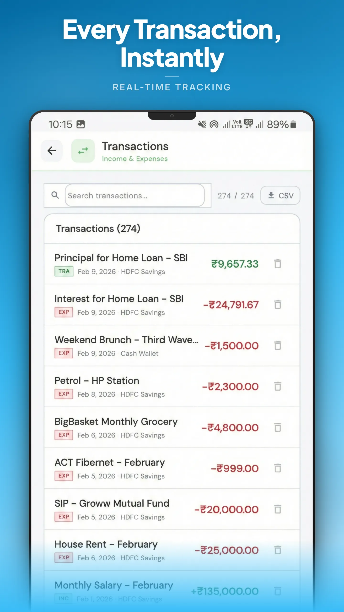Budgeting365 transaction list with search, filters, and category tags