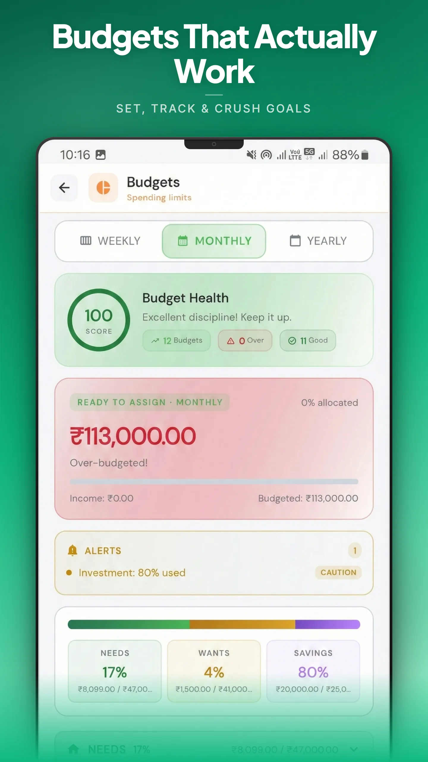 Budgeting365 budget tracking with visual progress rings per category
