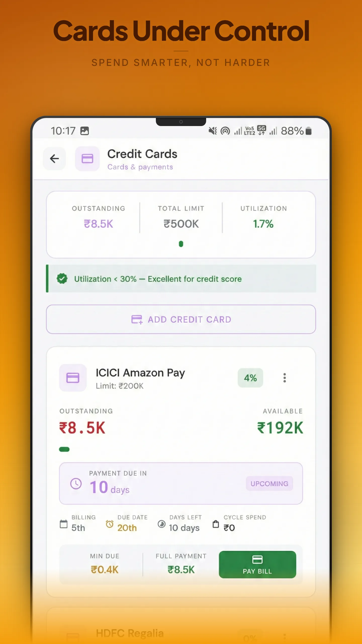 Budgeting365 credit card management with utilization and due dates