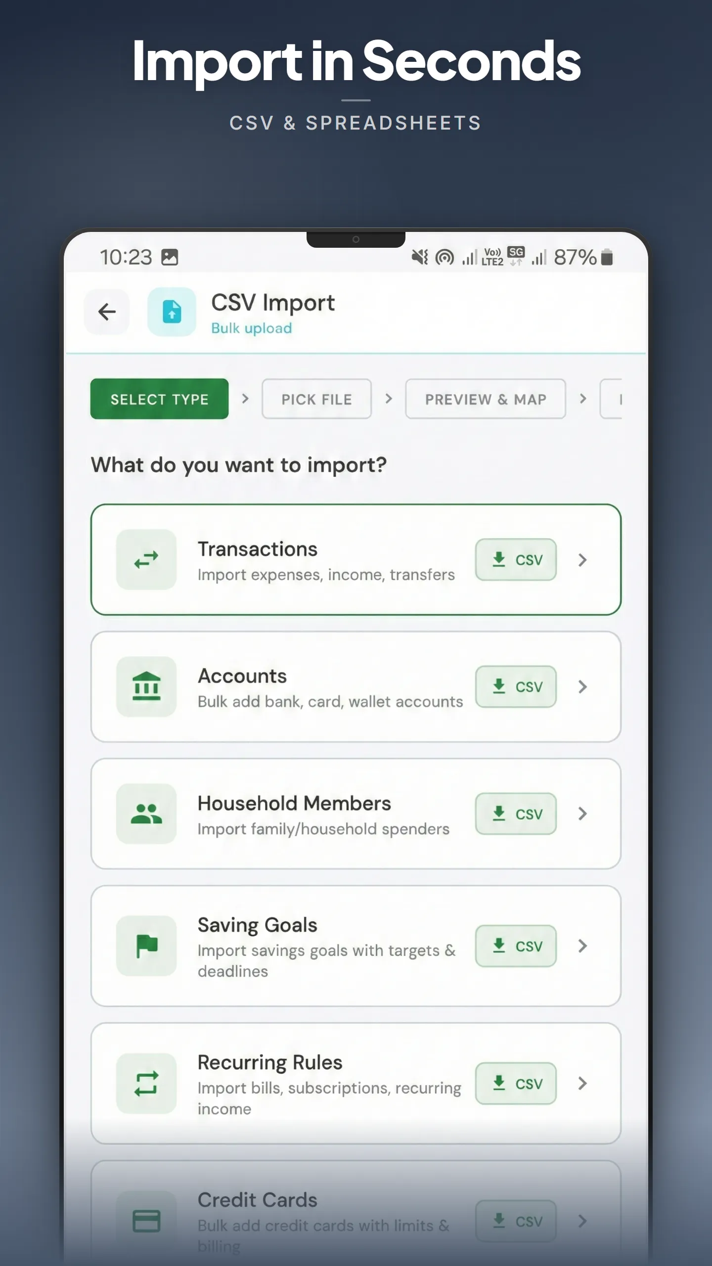Budgeting365 CSV import wizard for transactions and accounts
